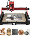 Pro Grade 200W CNC.Router And Desktop Milling Machine with 16.5 inch bed, 12000RPM spindle, and detailed engravings on materials.