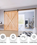 12 Foot Sliding Barn Door Hardware Track Kit With J Pulleys And Heavy Duty Ball Rollers For A Super Slick Quiet Glide No Sweat Install durable matte black aluminum track on stylish wooden barn door.