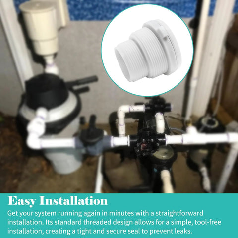White plastic threaded hydrostatic relief valve adapter on pool plumbing, front view