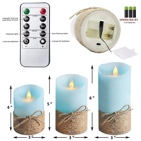 Ocean Blue Flameless LED Pillar Candles Set Of 3 With Remote And Timer, nautical theme, 4, 5, 6 inch heights, rope base