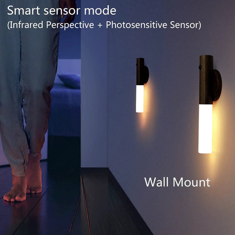 Motion Sensor LED Night Light Magnetic USB Rechargeable on wall providing light in dark hallway.