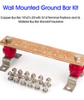 Four Pack Wall Mount Copper Ground Bar Kit With Quarter Inch Thick 2 Inch By 10 Inch Bus Bar 12 Terminal Positions Five Sixteenth Inch Spacing UL SM40 Insulators Uimp Up To 7.2 kV Heavy Duty Industrial Grade Grounding Strip Set shown with bolts and insulators