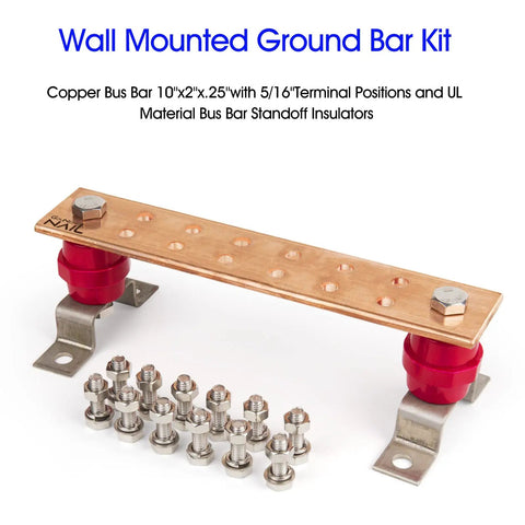 Four Pack Wall Mount Copper Ground Bar Kit With Quarter Inch Thick 2 Inch By 10 Inch Bus Bar 12 Terminal Positions Five Sixteenth Inch Spacing UL SM40 Insulators Uimp Up To 7.2 kV Heavy Duty Industrial Grade Grounding Strip Set shown with bolts and insulators