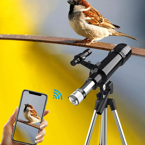 2K WiFi Telescope Camera Eyepiece With 2 Inch Screen And 2000mAh Battery capturing bird on phone display