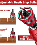 Straight Shot Countersink Drill Bit Set With Adjustable Depth Stop showing flush and recessed screw drilling on wood.