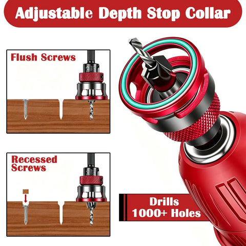 Straight Shot Countersink Drill Bit Set With Adjustable Depth Stop showing flush and recessed screw drilling on wood.