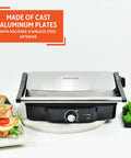 Imusa Electric Panini Press Griddle with non stick cast aluminum plates and adjustable thermostat, ideal for gourmet sandwiches.