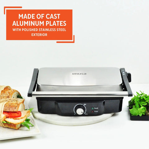 Imusa Electric Panini Press Griddle with non stick cast aluminum plates and adjustable thermostat, ideal for gourmet sandwiches.