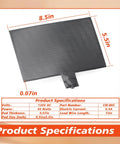 Automotive Silicone Battery Heating Pad With Thermostatic Shutoff 60 Watt 120 Volt measurements 8.5in x 5.5in x 0.07in for winter use.