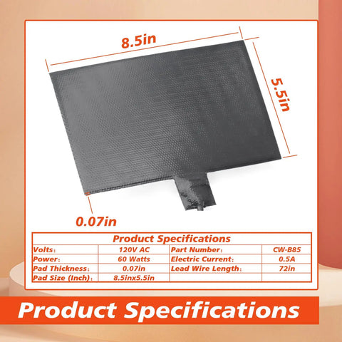 Automotive Silicone Battery Heating Pad With Thermostatic Shutoff 60 Watt 120 Volt measurements 8.5in x 5.5in x 0.07in for winter use.