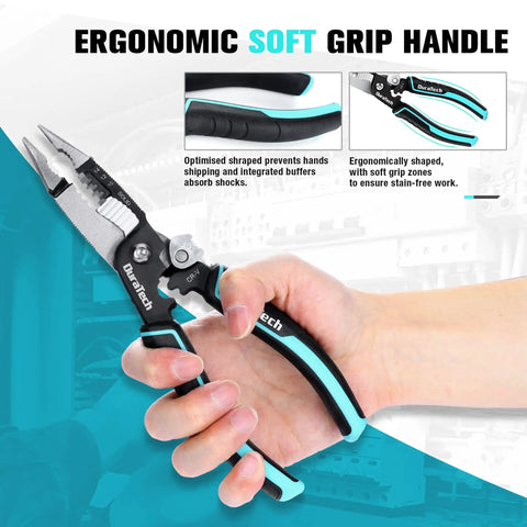 Five In One Wire Stripper And Crimping Tool With Needle Nose Pliers for Electricians, 8-inch ergonomic handle detail