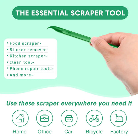 Hand holding green plastic scraper tool from Nine Piece Plastic Scraper Tool Set For Scratch Free Crevices And Sticker Removal