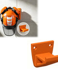Heavy Duty Wall Mounted Helmet Rack And Slick Forestry Headgear Hook showing orange helmet and mount for garage organization.