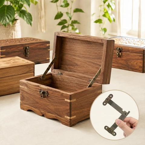 Open wooden box with Six Piece Antique Brass Lid Support Folding Hinges For Jewelry Boxes And Wooden Cabinets in use.