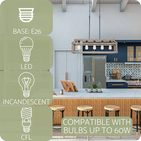 Kitchen with Issac 34 Inch Five Light Farmhouse Island Light In Smoked Birch Finish above island counter, compatible bulbs info
