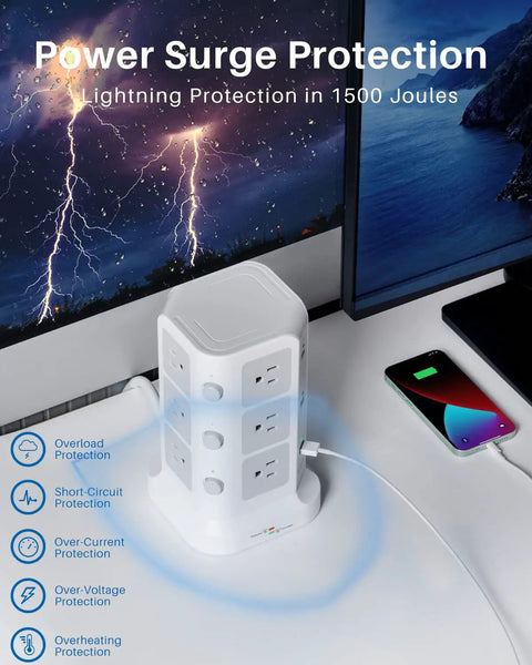 18 In 1 Power Strip Tower With 12 AC Outlets And 6 USB Ports shown on desk near monitor, highlighting surge protection.