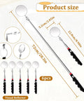 Six Piece Telescoping Inspection Mirror Set With Retractable Long Handles Extendable Up To 29 Inches 360 Degree Rotating Under Vehicle Mirror Durable Anti Rust Metal For Technicians Mechanics And Contractors displaying extended mirror and handle with dimensions