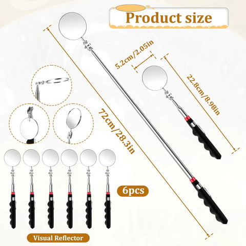 Six Piece Telescoping Inspection Mirror Set With Retractable Long Handles Extendable Up To 29 Inches 360 Degree Rotating Under Vehicle Mirror Durable Anti Rust Metal For Technicians Mechanics And Contractors displaying extended mirror and handle with dimensions