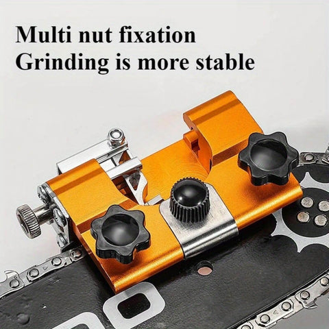Portable Hand Crank Chainsaw Sharpening Tool With Five Titanium Diamond Bits For Quick Sharpening Revives Dull Chains In Seconds Compatible With Hand Crank Or Electric Drill Durable Sharpening Fixture showcasing the multi nut fixation feature on a chain
