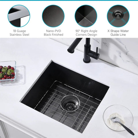 Undermount Kitchen Bar Sink 18 x 16 x 9 Inches Black Stainless Steel Small Bar Prep Sink shows PVD Nano Black Finish detail.