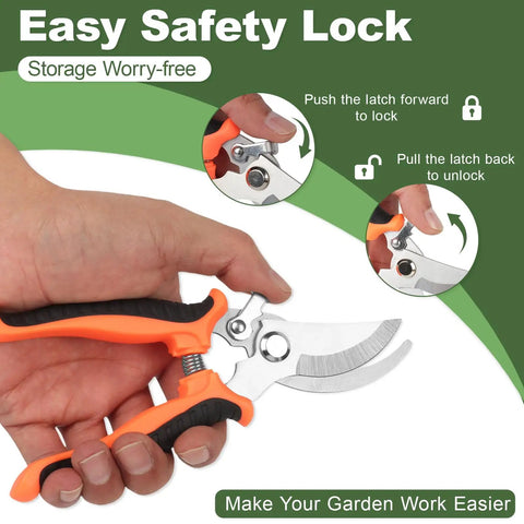 Effortless 7.5 Inch Pruning Shears For Roses And Shrubs With Stainless Steel Blades And Soft Grip Handle One Hand Lock demonstration