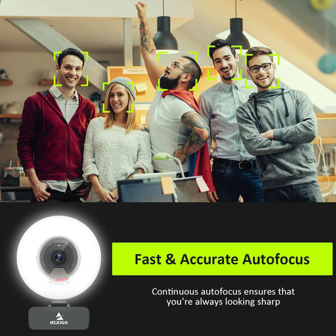 Crisp 1080P 60FPS Webcam With Built In Ring Fill Light And Smooth Touch Controls For Streaming Or Group Calls On Laptop Or Desktop PC With Dual Stereo Mics And Fast Autofocus That Hits Different And Looks Dope, featuring group of smiling people.