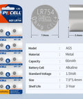 20 Pack Lr754 Ag5 Button Cell Batteries 1.5v Alkaline Power For Watches And Calculators with packaging and specs shown.