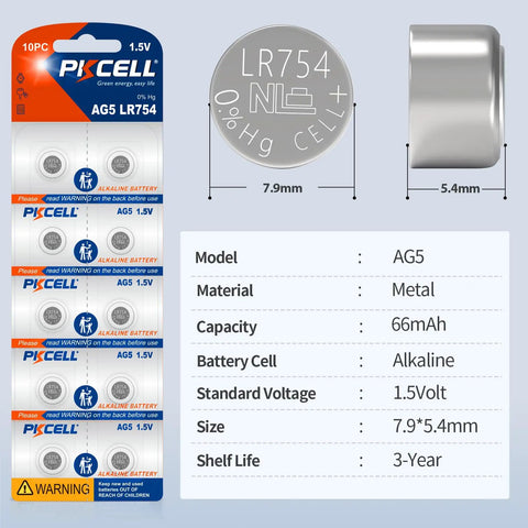 20 Pack Lr754 Ag5 Button Cell Batteries 1.5v Alkaline Power For Watches And Calculators with packaging and specs shown.