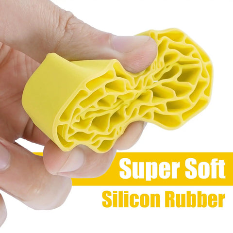 Close-up of hand holding super soft silicone rubber insert, folded to show texture, for 62-64mm RC crawler tire use.