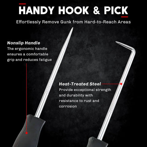 11 Piece Snap Ring Pliers Set Tough As Nails Heavy Duty Straight And Bent Retaining Ring Pliers With Hook And Pick Internal And External Circlip Removal Tools For Cars Trucks Motorcycles Lawn Mower And Farm Equipment Built With Heat Treated 45 Steel, showing close-up of hook and pick tools with ergonomic nonslip handles.