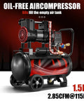 Boss Level Portable 8 Gallon Steel Air Compressor With 1.5 Hp And 2.85 Cfm At 116 Psi Quiet Oil Free Motor, side view highlighting tank and motor.