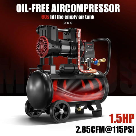 Boss Level Portable 8 Gallon Steel Air Compressor With 1.5 Hp And 2.85 Cfm At 116 Psi Quiet Oil Free Motor, side view highlighting tank and motor.