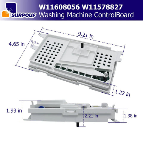 Heavy Duty Washing Machine Control Board Fits Whirlpool And Crosley With No Sweat Installation And Smooth Daily Rinse Cycles For A Completely Stress Free Laundry Session, white PCB, dimensions marked.