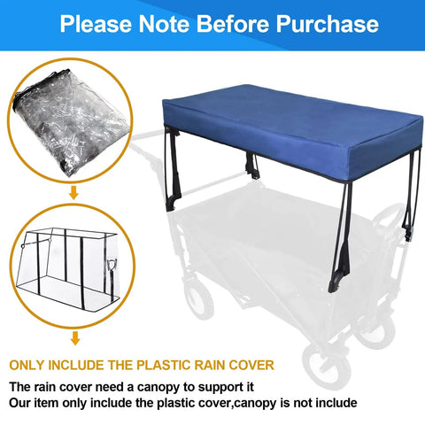 Waterproof Collapsible Wagon Rain Cover and Sun Shade Windproof UV Resistant Canopy packaging and setup illustration