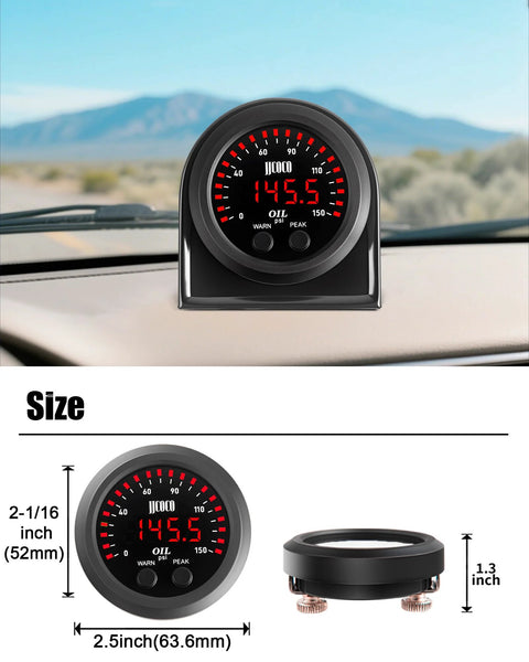 Digital oil pressure gauge kit with red LED display for cars showing 145.5 PSI against a scenic landscape.