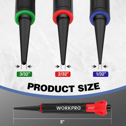 Three-Piece Nail Punch Set with Color Coded Nail Setters and Shock Absorbing Grip showing 1/32, 1/16, and 3/32 inch sizes