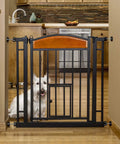 Walk Through Pet Gate With Cherry Wood Accents And Black Finish, Sturdy Metal Frame, Expands From 30.5 To 33.5 Inches, 30 Inch Tall, Pressure Mount, One Touch Release Safety Lock, Designer Home Decor For A Safe Open Floor Plan Vibe.