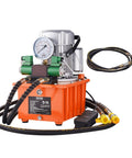 Front view of VEVOR hydraulic electric pump with orange base, pressure gauge, green valve blocks, and hose assembly.