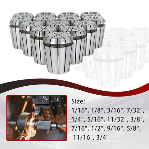 ER32 Collets Set 14 Piece Pro Grade High Accuracy Machinist Kit For Milling And CNC One Sixteenth To Three Quarters Inch Range 0.015mm Tolerance 1065 Carbon Steel Includes Shanks In Three Eighths, Seven Sixteenths, And One Half Inch displayed with sizes