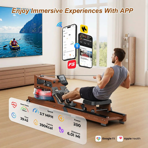 Man using Water Rowing Machine For Home Gym with Wooden Frame and 400 Lbs Capacity, Bluetooth App Connectivity on screen