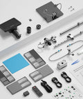 Components of HDMI Soldering Digital Microscope 7 Inch With 3 Lens System, 2000x Magnification, Helping Hands Stand, cables, tools displayed.