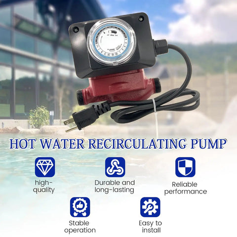 Hot Water Recirculating Pump with timer, red cast iron body, electric cord, ideal for efficient hot water delivery.