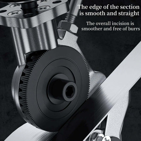 Sheet Metal Nibbler Drill Attachment cutting metal with smooth, burr-free finish, focus on gears and blade in DIY home workshop use.