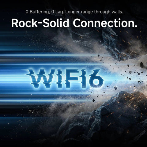Piece Of Cake Setup Brings You Crisp 2K Wireless Security Coverage With Quick Stick Magnetic Mount, Wifi 6 Dual Band, Full Color Night Vision, IP66 Weatherproof Build, Straight Shooter Two Way Audio, Snappy Motion Alerts, And Long Haul Battery WiFi 6 performance graphic showing speed and reliability.
