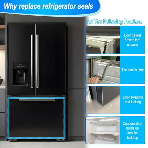 Refrigerator with indications for replacing door gasket to fix issues like broken seal, sweating, and condensation buildup.