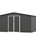 12 By 10 Foot Dark Grey Metal Shed With Lockable Door Waterproof Outdoor Storage For Bikes Garden Tools And Lawn Mower All Weather Shelter Ventilated Design Sloped Roof Keeps Interior Dry showing front and side view with double doors