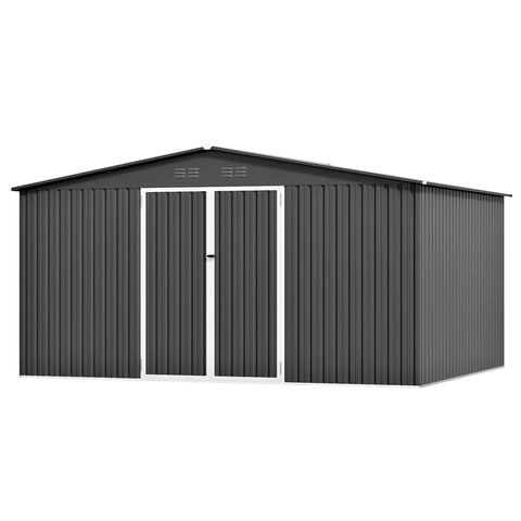 12 By 10 Foot Dark Grey Metal Shed With Lockable Door Waterproof Outdoor Storage For Bikes Garden Tools And Lawn Mower All Weather Shelter Ventilated Design Sloped Roof Keeps Interior Dry showing front and side view with double doors