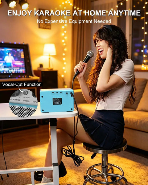 Woman singing karaoke at home with 10W Portable Acoustic Guitar Amp with Dual One Quarter Inch Inputs for Guitar and Microphone, Wireless 5.3 Bluetooth.