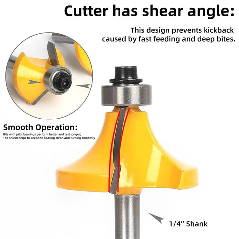 Close-up of Router Bit Set 35 Pc 1/4 Inch Shank Professional Woodworking Kit showing shear angle and smooth operation design.