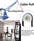 Cable pulley system with blue frame, max load 250kg, and close-up of pulley wheel, shown in use at a gym.